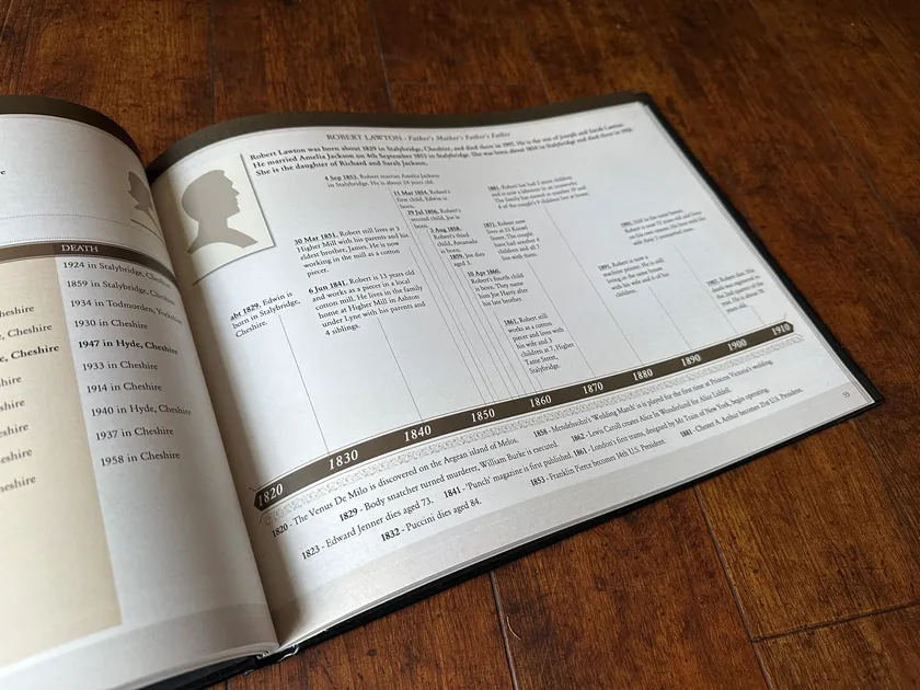 An open family history book on a wooden table, showing an ancestor's life timeline across two printed pages