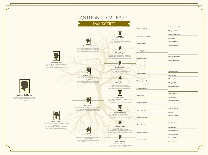 A printed family tree poster showing six generations of one family, with names, dates and places