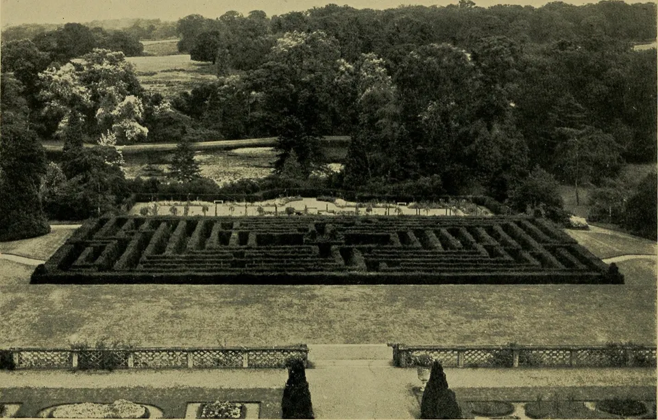 A hedge maze in an English country garden, photographed from above