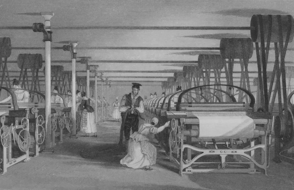 Power loom weaving in a Lancashire cotton mill, engraved in 1835